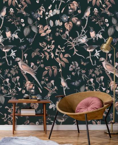 Dunkler Hintergrund mit beigen und weißen Reben- und Vogeltapete Dunkler Hintergrund mit beigen und weißen Reben- und Vogeltapete