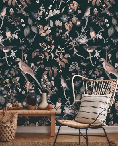 Dark background with beige and white vines and birds wallpaper