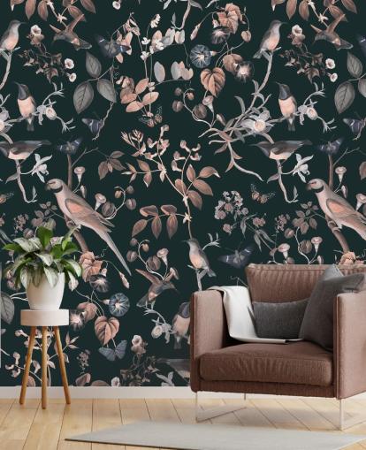 Dark background with beige and white vines and birds wallpaper