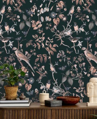 Dark background with beige and white vines and birds wallpaper