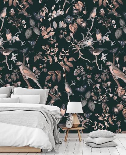 Dark background with beige and white vines and birds wallpaper