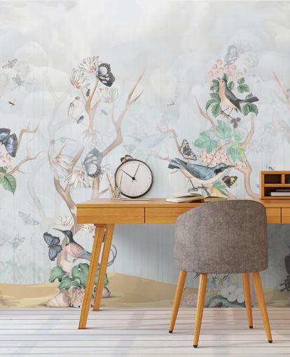 Light blue background with chinoiserie style trees with birds and butterflies