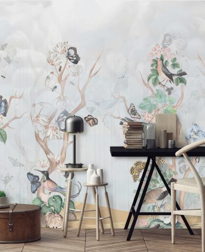 Light blue background with chinoiserie style trees with birds and butterflies