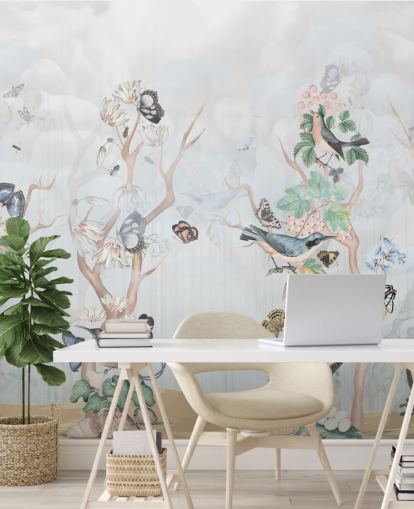 Light blue background with chinoiserie style trees with birds and butterflies