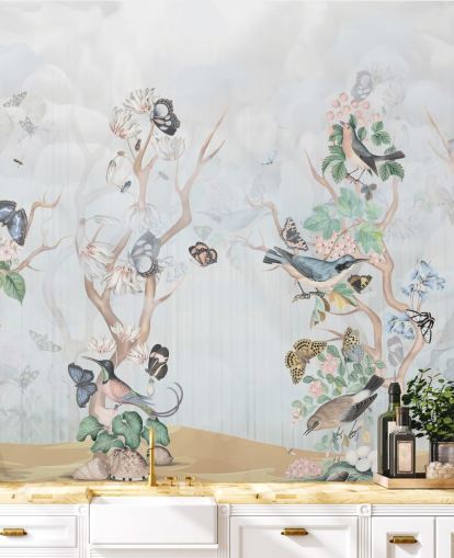 Light blue background with chinoiserie style trees with birds and butterflies