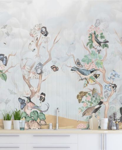 Light blue background with chinoiserie style trees with birds and butterflies