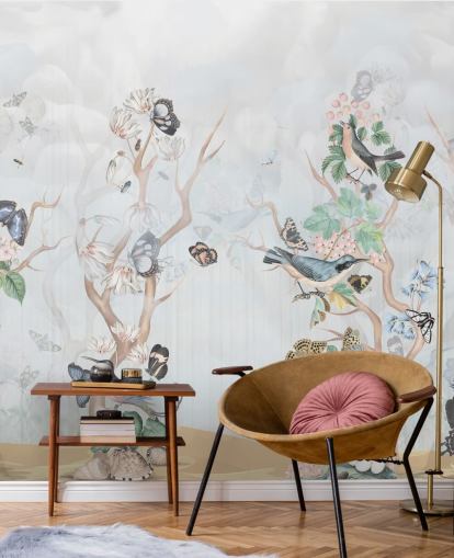 Light blue background with chinoiserie style trees with birds and butterflies Light blue background with chinoiserie style trees with birds and butterflies