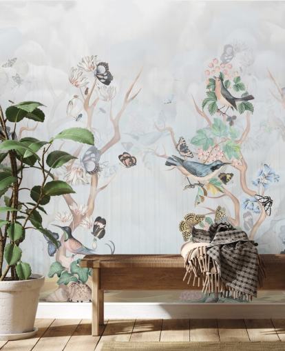 Light blue background with chinoiserie style trees with birds and butterflies