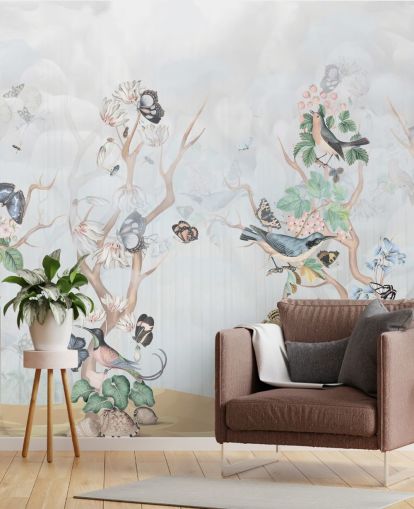 Fondo azul claro con árboles de estilo chinoiserie con pájaros y mariposas