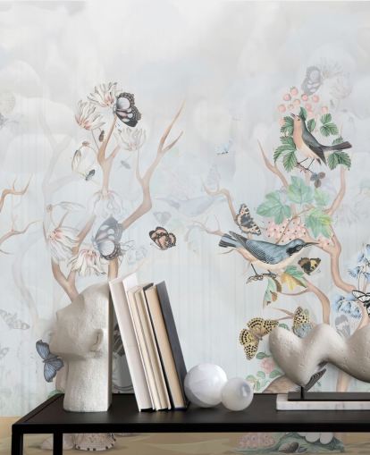 Light blue background with chinoiserie style trees with birds and butterflies