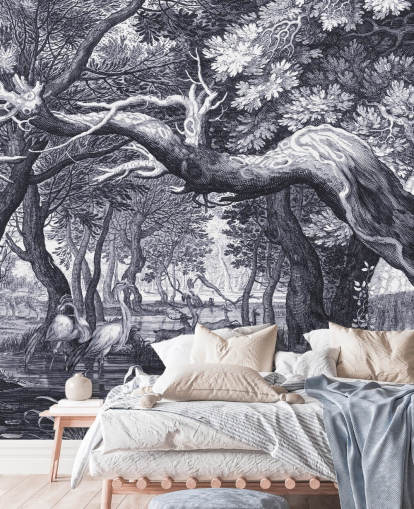 Black and white illustrated forest scene