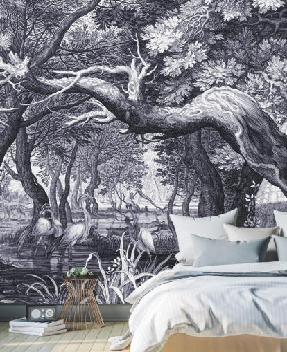 Scène de forêt illustrée en noir et blanc