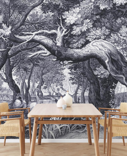 Scena di foresta illustrata in bianco e nero Scena di foresta illustrata in bianco e nero