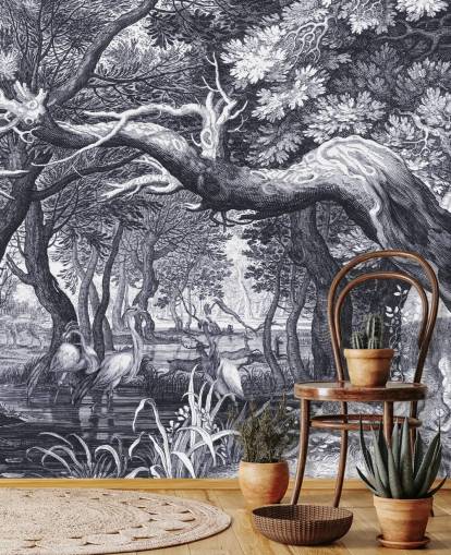 Svart og hvitt illustrert skog scene