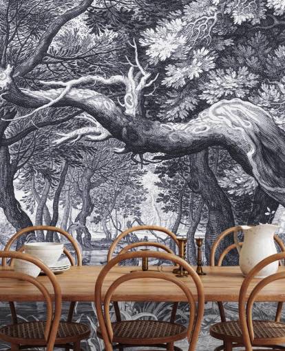 Cena florestal ilustrada em preto e branco