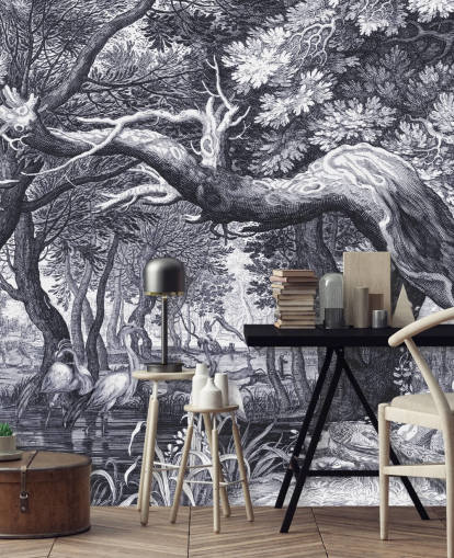 Svart og hvitt illustrert skog scene