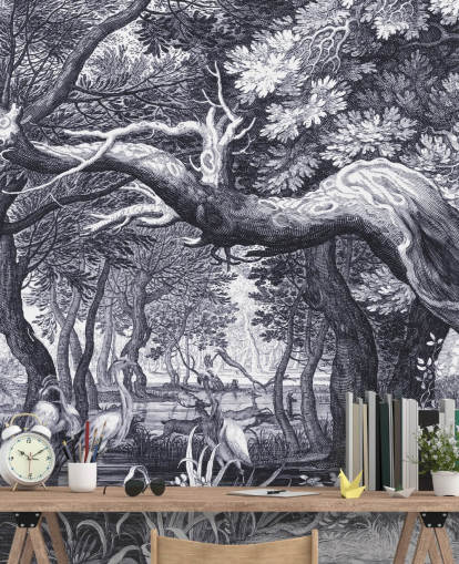 Black and white illustrated forest scene