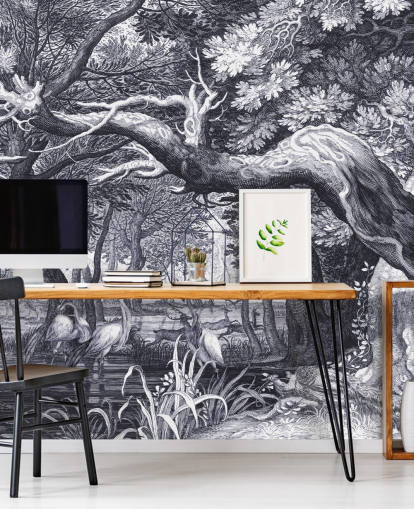 Black and white illustrated forest scene