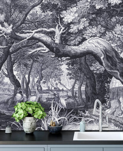 Scena di foresta illustrata in bianco e nero