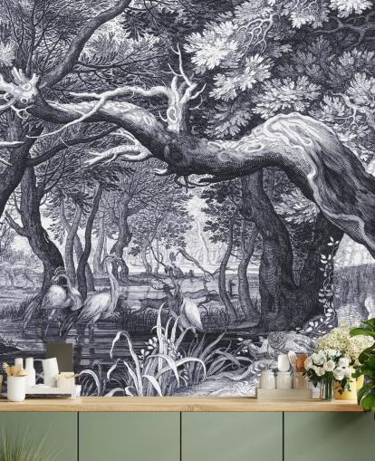 Svart og hvitt illustrert skog scene