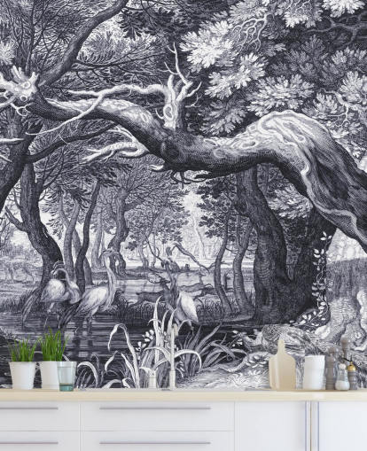 Scena di foresta illustrata in bianco e nero Scena di foresta illustrata in bianco e nero