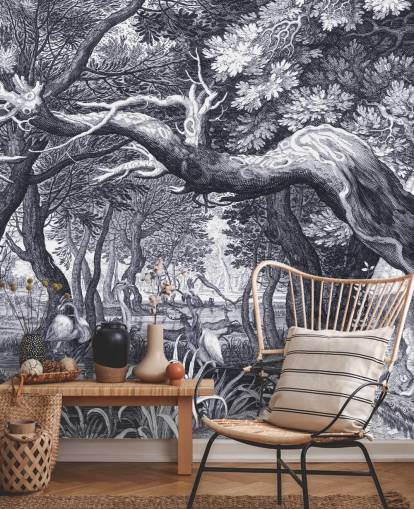 Escena de bosque ilustrada en blanco y negro