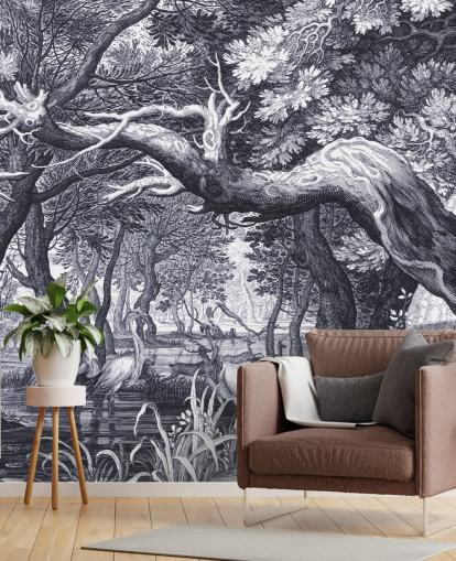 Black and white illustrated forest scene