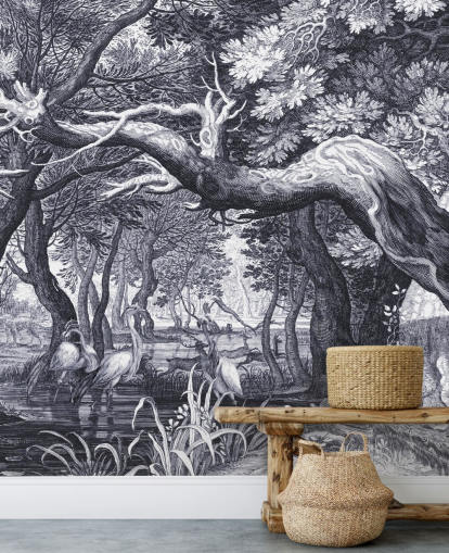 Escena de bosque ilustrada en blanco y negro