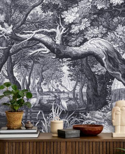 Black and white illustrated forest scene