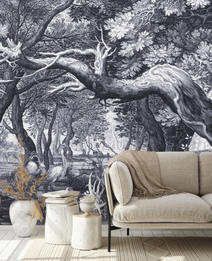 Black and white illustrated forest scene