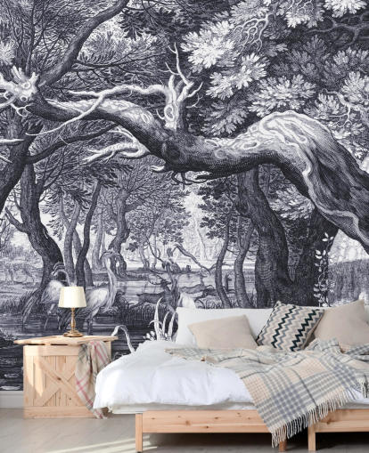 Escena de bosque ilustrada en blanco y negro