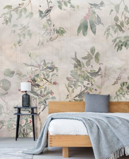 Cream background with various green vines, birds and red berries