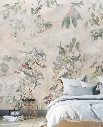 Cream background with various green vines, birds and red berries