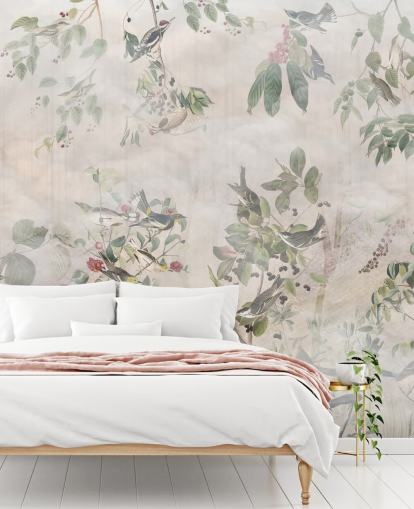 Cream background with various green vines, birds and red berries