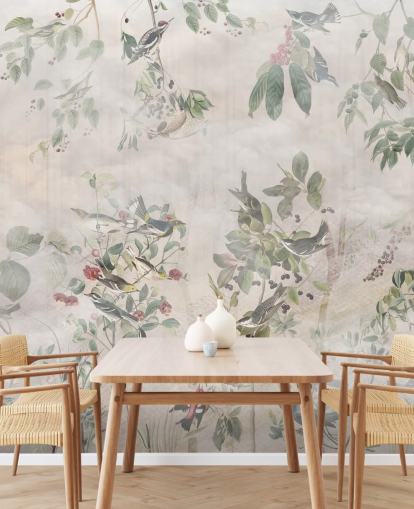 Sfondo crema con varie viti verdi, uccelli e bacche rosse Sfondo crema con varie viti verdi, uccelli e bacche rosse