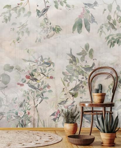 Cream background with various green vines, birds and red berries