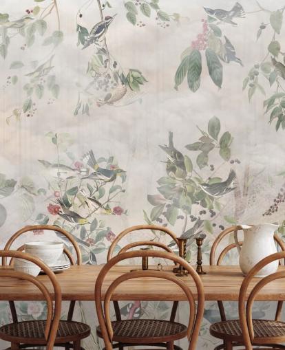 Cream background with various green vines, birds and red berries