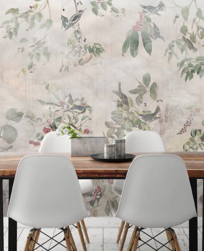 Cream background with various green vines, birds and red berries