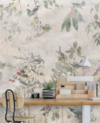 Cream background with various green vines, birds and red berries