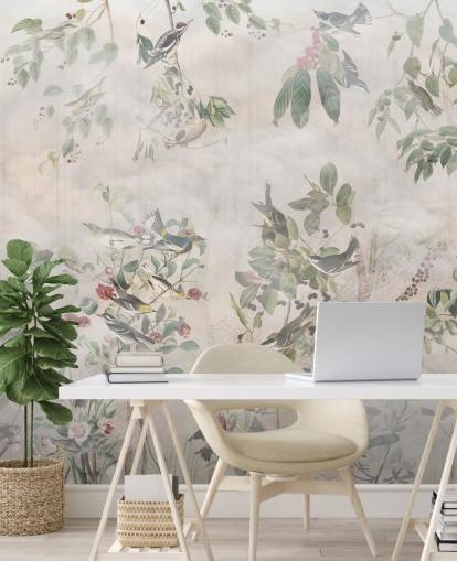 Cream background with various green vines, birds and red berries