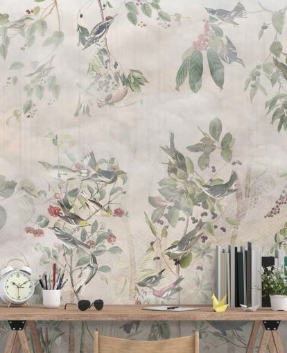 Cream background with various green vines, birds and red berries