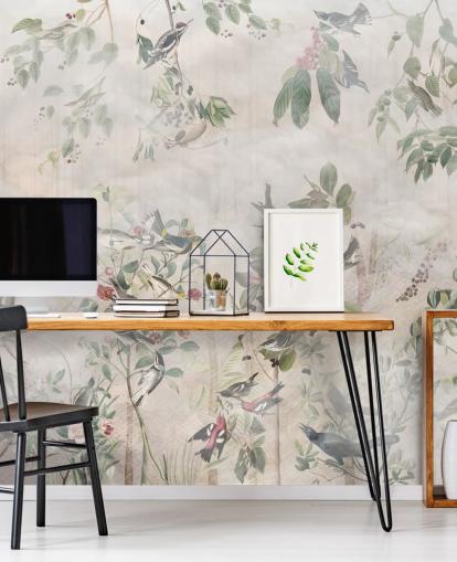 Cream background with various green vines, birds and red berries