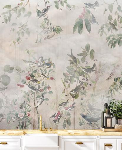 Cream background with various green vines, birds and red berries