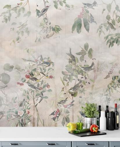 Cream background with various green vines, birds and red berries