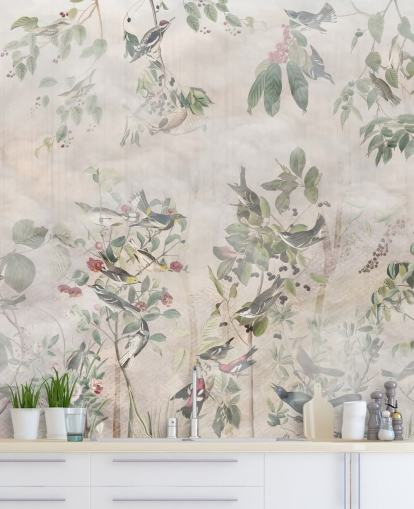 Cream background with various green vines, birds and red berries