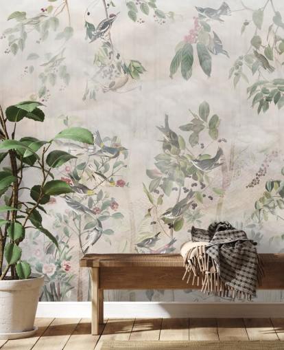 Fond crème avec diverses vignes vertes, oiseaux et fruits rouges
