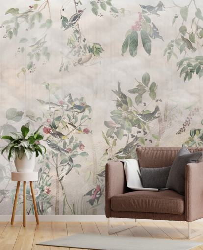 Cream background with various green vines, birds and red berries