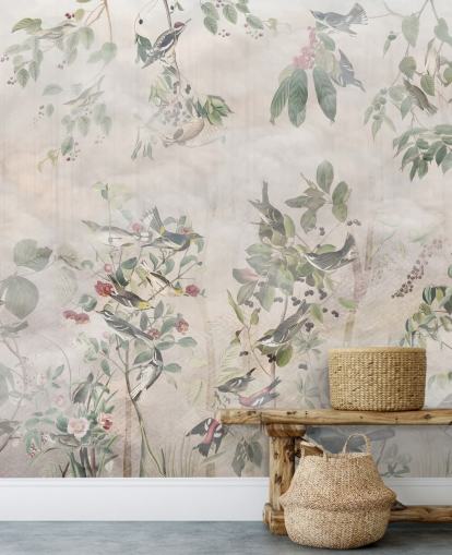 Cream background with various green vines, birds and red berries