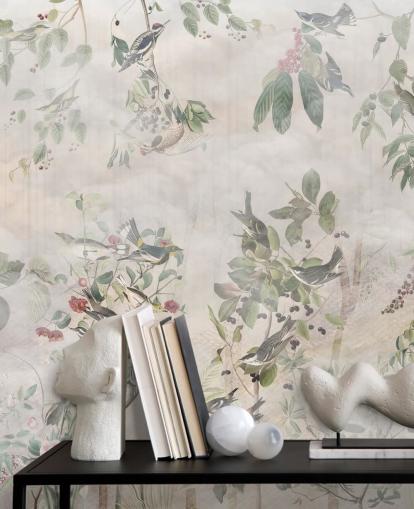 Cream background with various green vines, birds and red berries