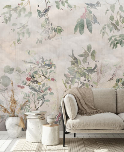 Cream background with various green vines, birds and red berries